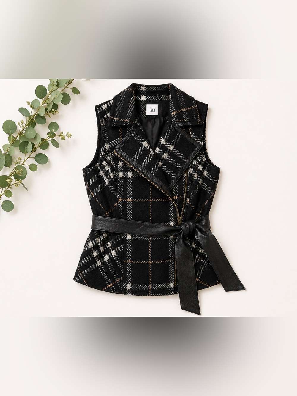 Cabi Plaid Moto Vest | Wool Blend Belted Jacket Chic Layering Piece